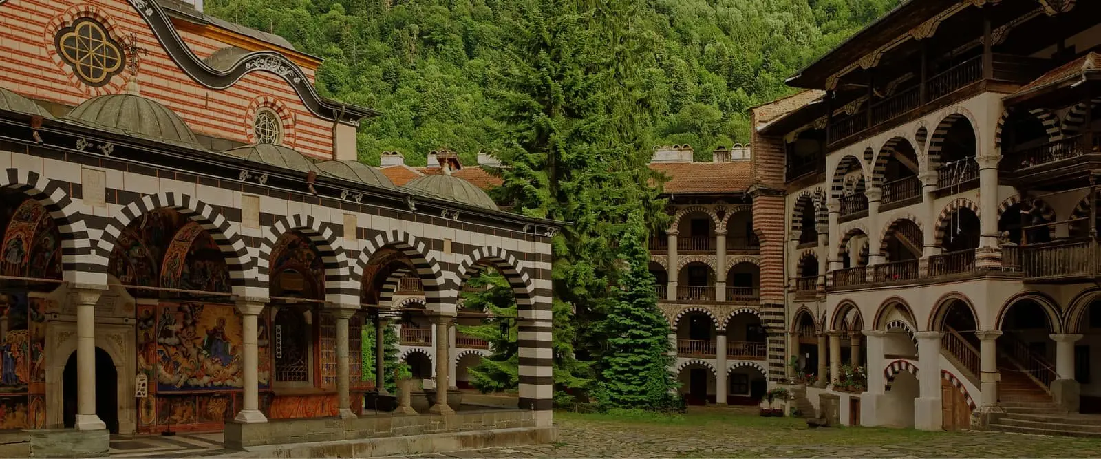 Rila Monastery courtyard and mountain setting